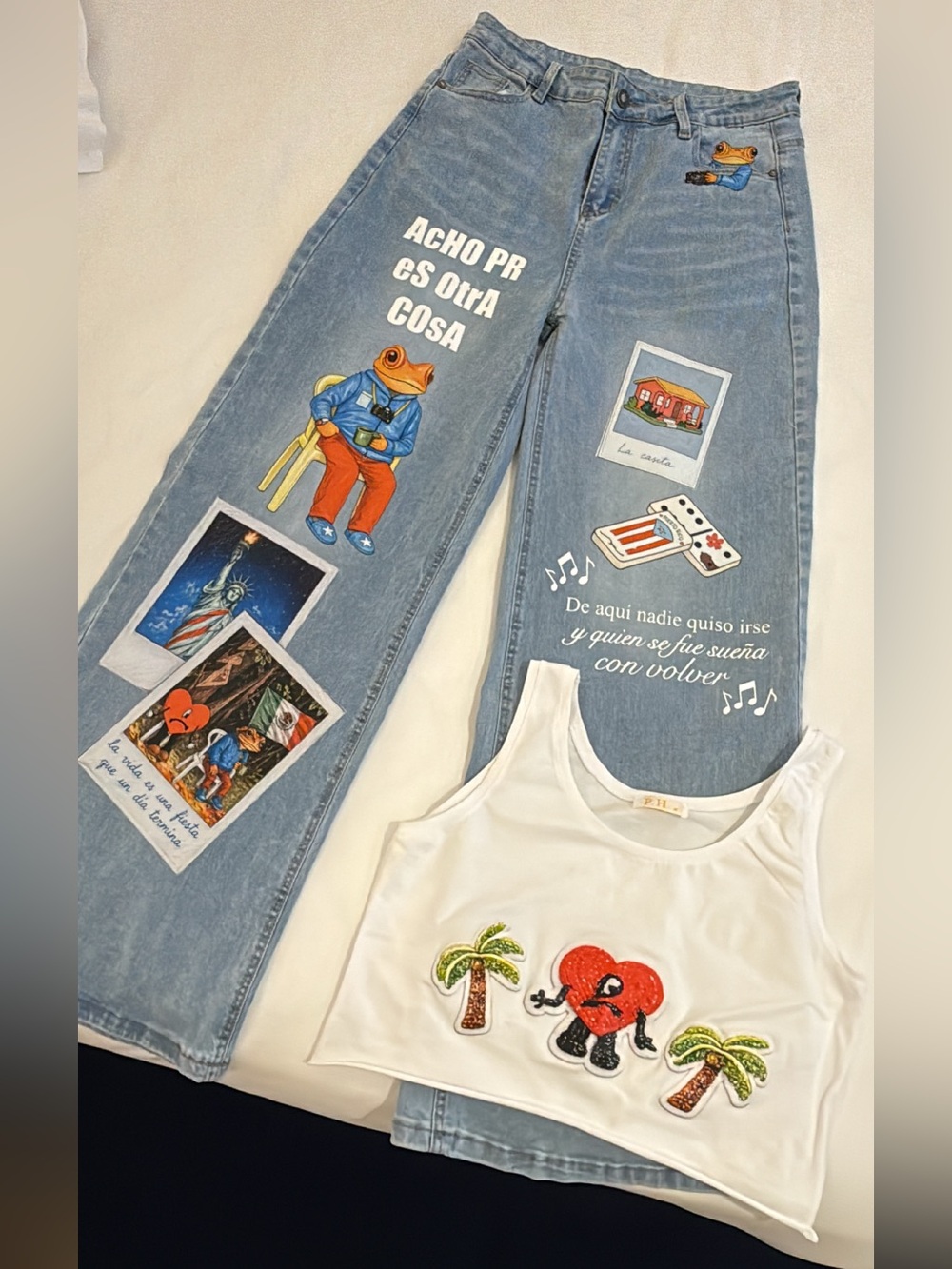 Light Blue Painted Wide Leg Denim Pants with Graphic Artwork ( Badbunny ) & Top